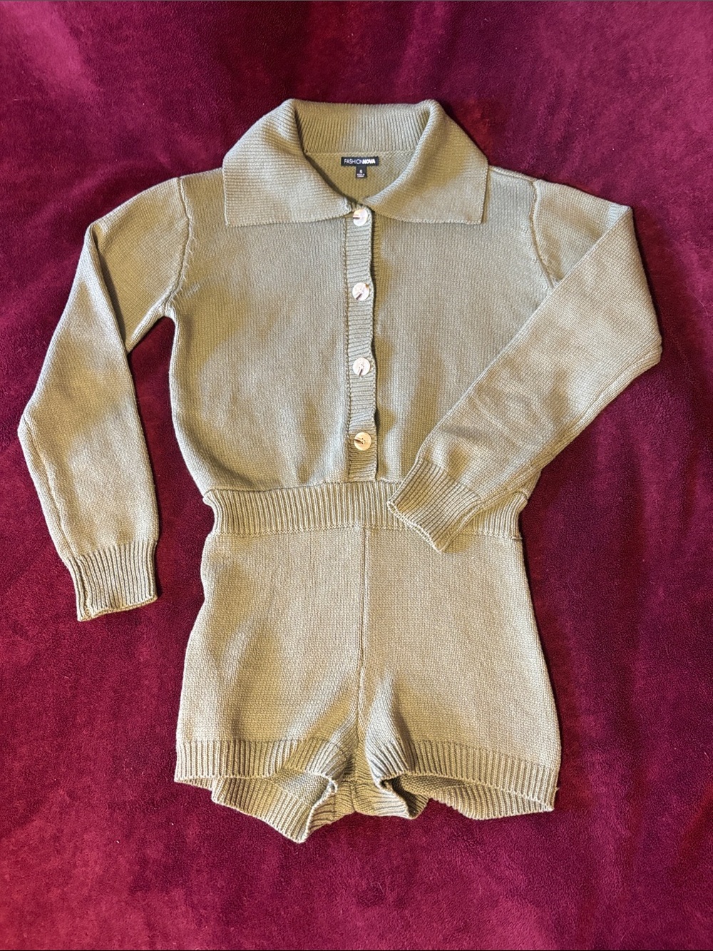 Fashion Nova Olive Green Collared Knit Romper Sweater